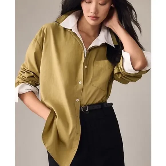 Anthropologie Maeve Women Bennet Button Down Shirt Small Green Side Slits Cotton - Picture 3 of 13